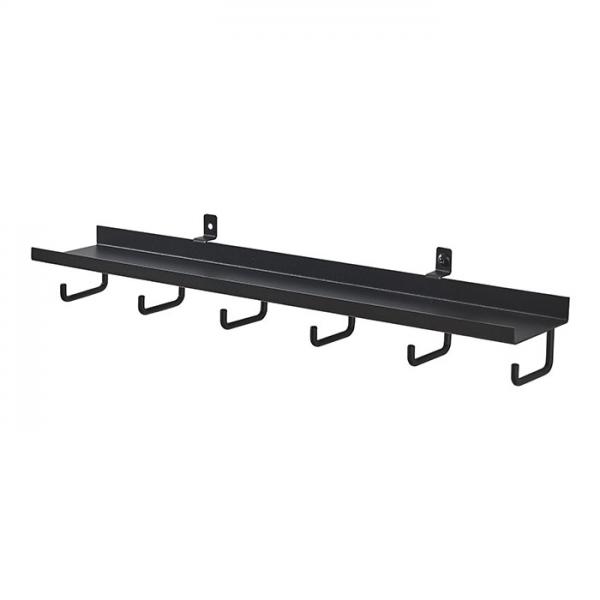Sort hylde m/6 kroge til akustikpanel - Vandret/lodret Sort hylde m/6 kroge til akustikpanel - Vandret/lodret