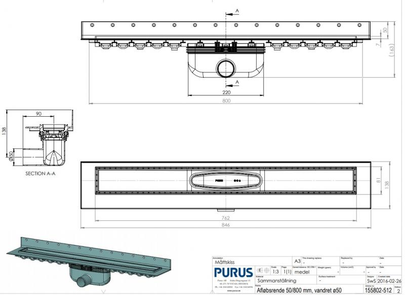 Purus Line komplet afløbspakke 800 mm - Vandret udløb Ø50 - Rustfrit stål Purus Line komplet afløbspakke 800 mm - Vandret udløb Ø50 - Rustfrit stål