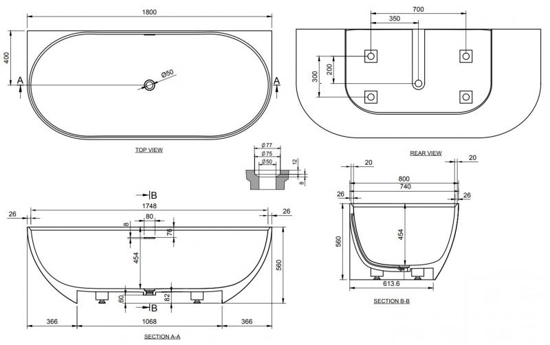 Ideavit Solidnova back-to-wall badekar 1800 x 800 mm - Mat hvid Ideavit Solidnova back-to-wall badekar 1800 x 800 mm - Mat hvid