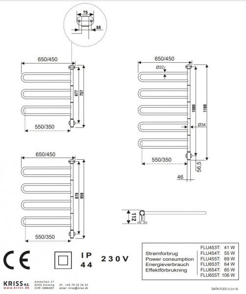 Kriss Flex U Håndklædetørrer m/4 arme - 45x95,6 cm - Krom Kriss Flex U Håndklædetørrer m/4 arme - 45x95,6 cm - Krom