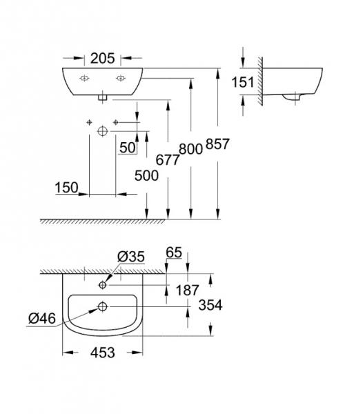 Grohe Bau 45 håndvask t/væg - 1 hanehul Grohe Bau 45 håndvask t/væg - 1 hanehul