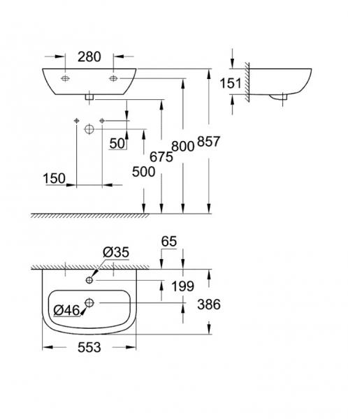 Grohe Bau 55 håndvask t/væg - 1 hanehul Grohe Bau 55 håndvask t/væg - 1 hanehul
