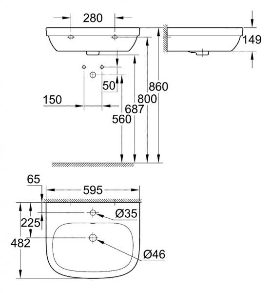 Grohe Euro 60 håndvask t/væg - 1 hanehul Grohe Euro 60 håndvask t/væg - 1 hanehul