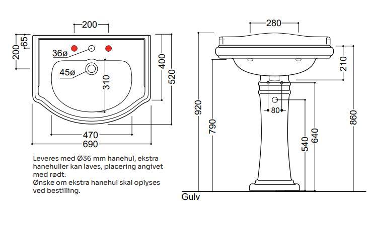 Lavabo Retro 69 håndvask t/gulv med piedestal - 1 hanehul Lavabo Retro 69 håndvask t/gulv med piedestal - 1 hanehul