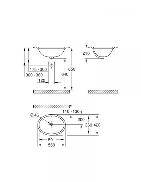 Grohe Bau 56 håndvask t/underlimning - Med overløb Grohe Bau 56 håndvask t/underlimning - Med overløb