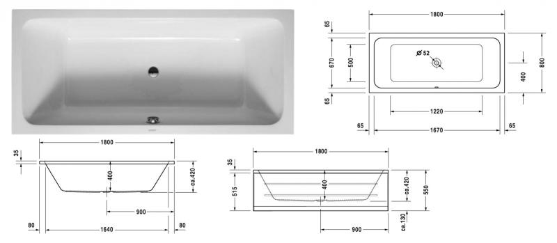 Duravit D-Code badekar t/indbygning - 180 x 80 - 2 ryglæn Duravit D-Code badekar t/indbygning - 180 x 80 - 2 ryglæn