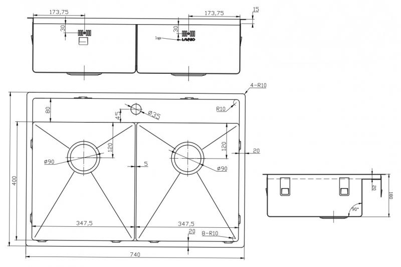 Lavabo Kubus 742 Soft Slim dobbelt køkkenvask Lavabo Kubus 742 Soft Slim dobbelt køkkenvask