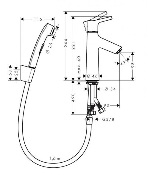 Hansgrohe Talis S håndvaskarmatur m/håndbruser og push-open bundventil Hansgrohe Talis S håndvaskarmatur m/håndbruser og push-open bundventil
