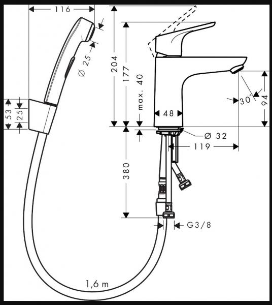 Hansgrohe Focus 100 håndvaskarmatur m/håndbruser og push-open bundventil Hansgrohe Focus 100 håndvaskarmatur m/håndbruser og push-open bundventil