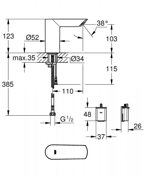 Grohe Bau Cosmopolitan E berøringsfri vandhane m/batteri u/blandefunktion Grohe Bau Cosmopolitan E berøringsfri vandhane m/batteri u/blandefunktion