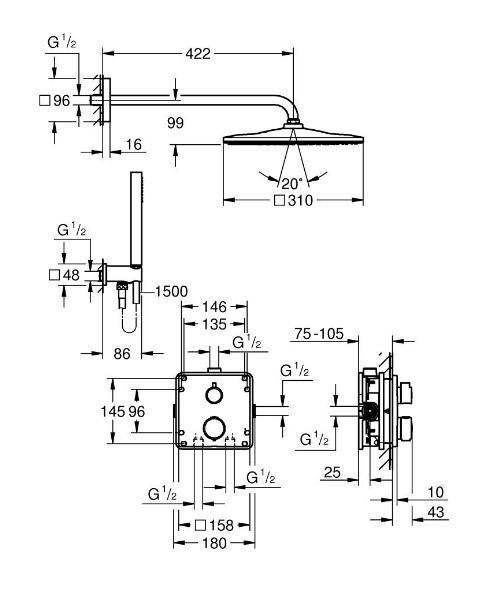 Grohe Precision Cube 310 komplet brusesystem til indbygning - Krom Grohe Precision Cube 310 komplet brusesystem til indbygning - Krom