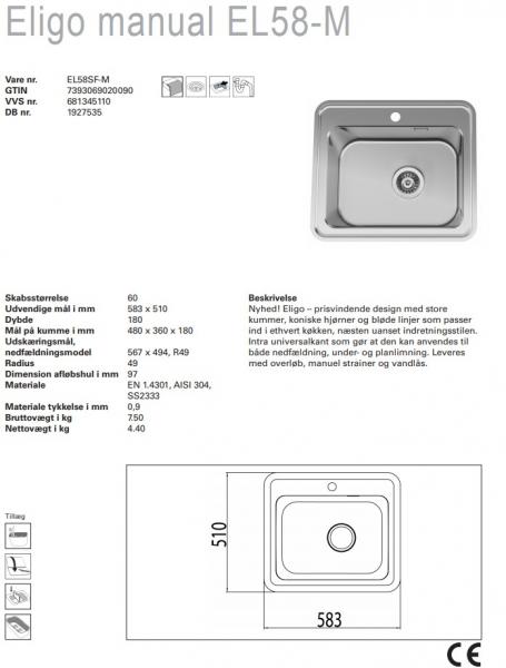 Intra Eligo manual EL58-M køkkenvask - Rustfrit stål Intra Eligo manual EL58-M køkkenvask - Rustfrit stål